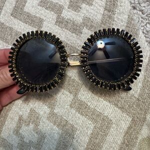 Round Black & Gold Embellished Women's Sunglasses